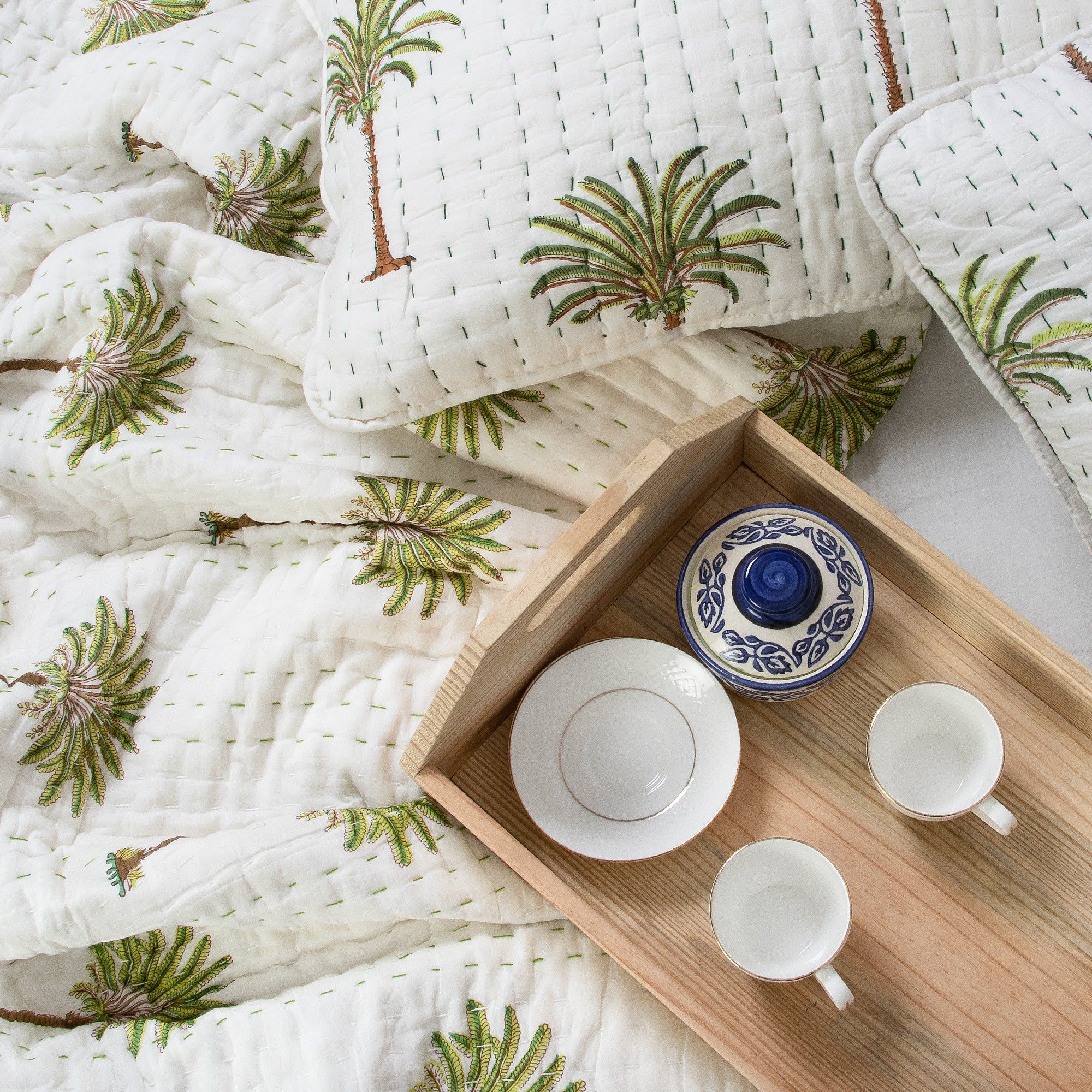 Green Palm Tree Print Cotton Kantha Quilt For Heavy Winter